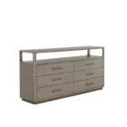 A modern greige six-drawer dresser with clean lines, slim metal hardware, and a smooth wood finish.