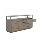 A modern greige six-drawer dresser with clean lines, slim metal hardware, and a smooth wood finish.