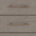 A modern greige six-drawer dresser with clean lines, slim metal hardware, and a smooth wood finish.