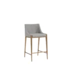 Modern counter stool with grey textured fabric seat and back, slim bronze-finished metal legs, and built-in footrest.