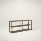 Low-profile wooden bookcase with open shelving in a natural oak finish.