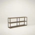 Low-profile wooden bookcase with open shelving in a natural oak finish.