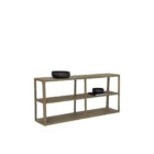 Low-profile wooden bookcase with open shelving in a natural oak finish.