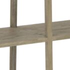 Low-profile wooden bookcase with open shelving in a natural oak finish.