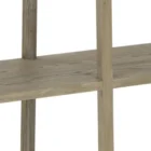 Low-profile wooden bookcase with open shelving in a natural oak finish.