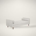 Contemporary upholstered bench with tufted seat, bolster cushions, and wooden legs in soft light fabric.