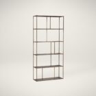 Tall gold-finished metal bookcase with staggered open shelves, large size.