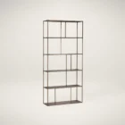 Tall gold-finished metal bookcase with staggered open shelves, large size.