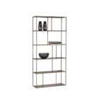 Tall gold-finished metal bookcase with staggered open shelves, large size.