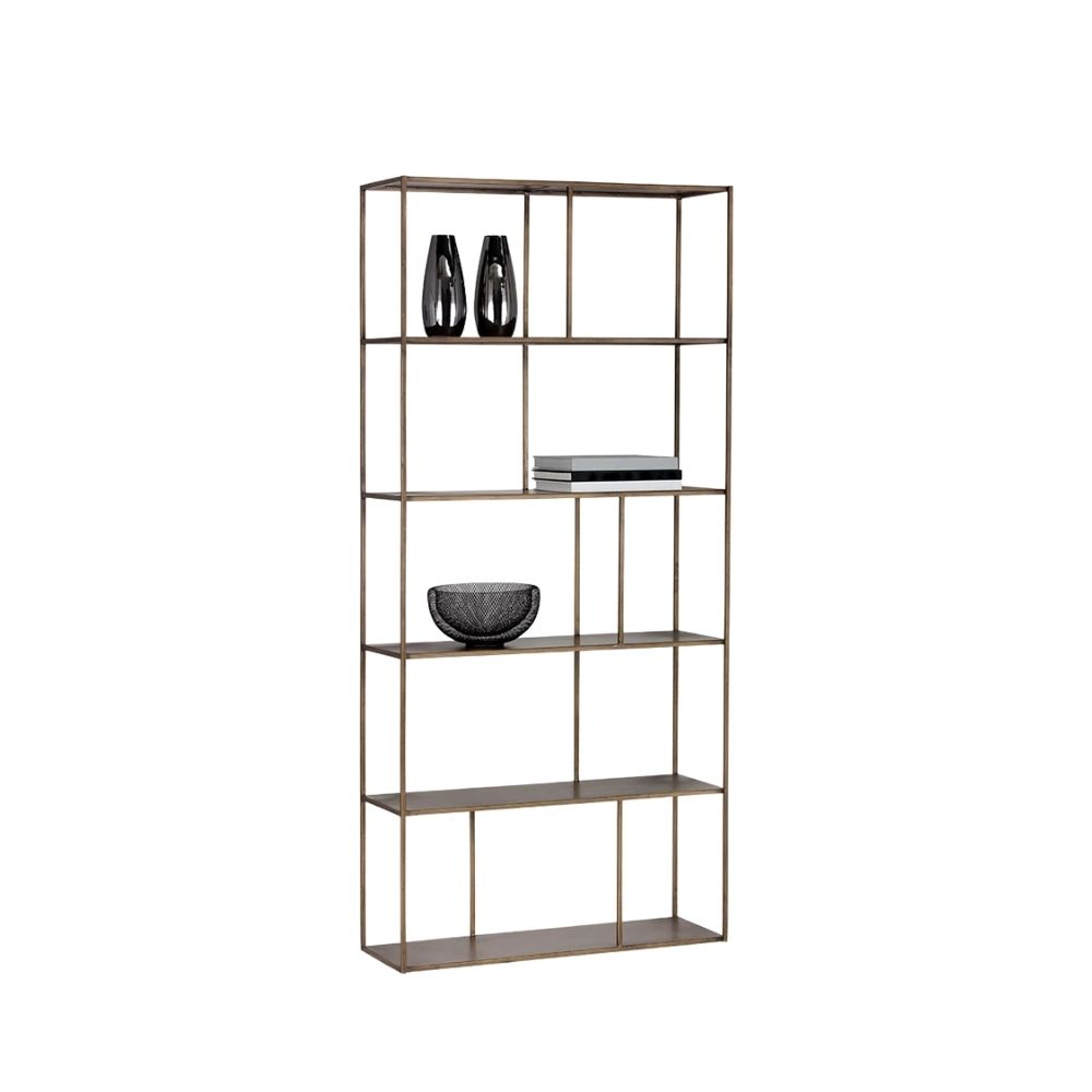 Tall gold-finished metal bookcase with staggered open shelves, large size.