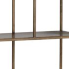 Tall gold-finished metal bookcase with staggered open shelves, large size.