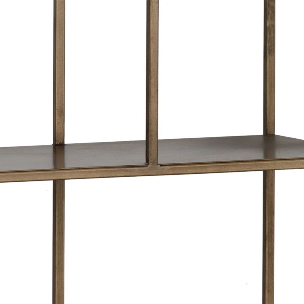 Tall gold-finished metal bookcase with staggered open shelves, large size.