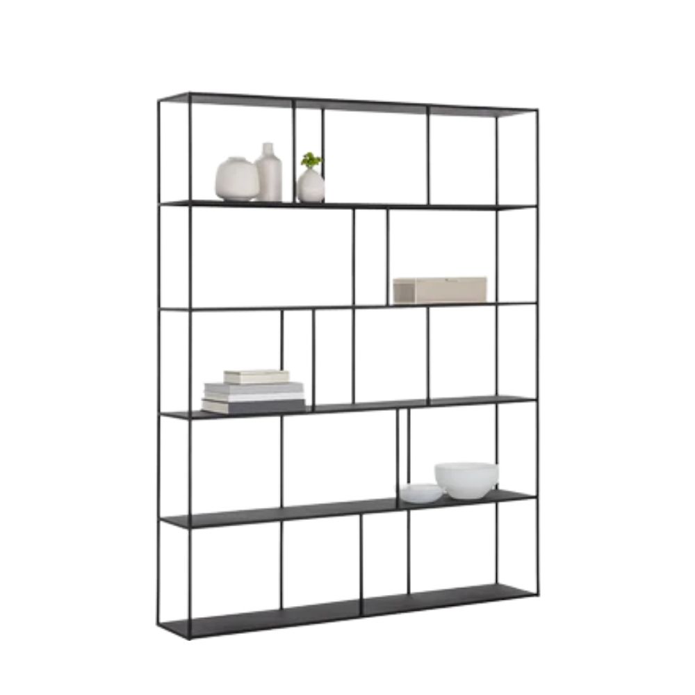 Extra-large black Eiffel bookcase with staggered open shelves in a modern geometric design.