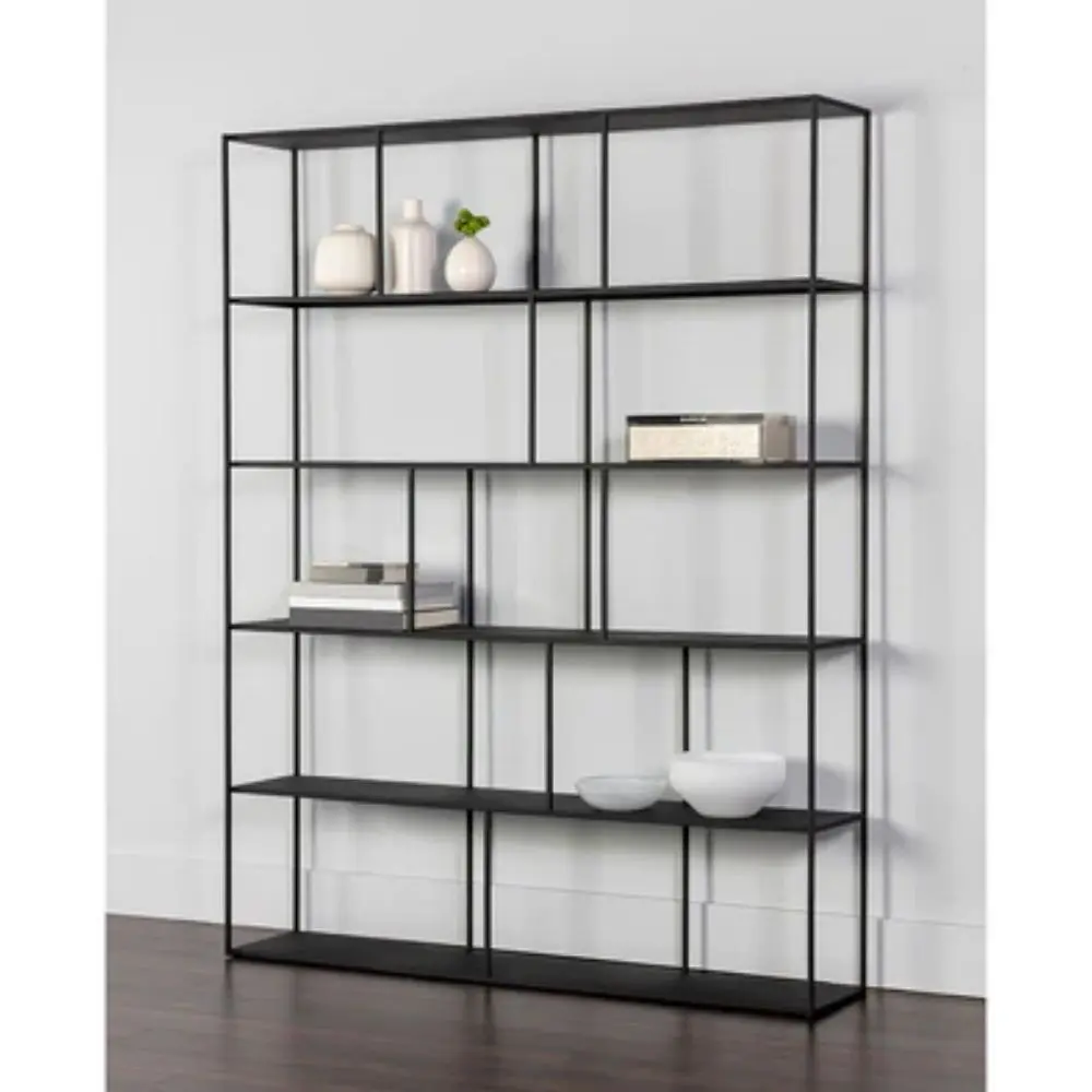 Extra-large black Eiffel bookcase with staggered open shelves in a modern geometric design.