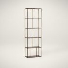 Tall narrow bookcase with slim gold metal frame and staggered open shelving.