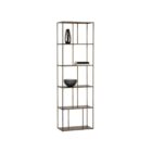 Tall narrow bookcase with slim gold metal frame and staggered open shelving.
