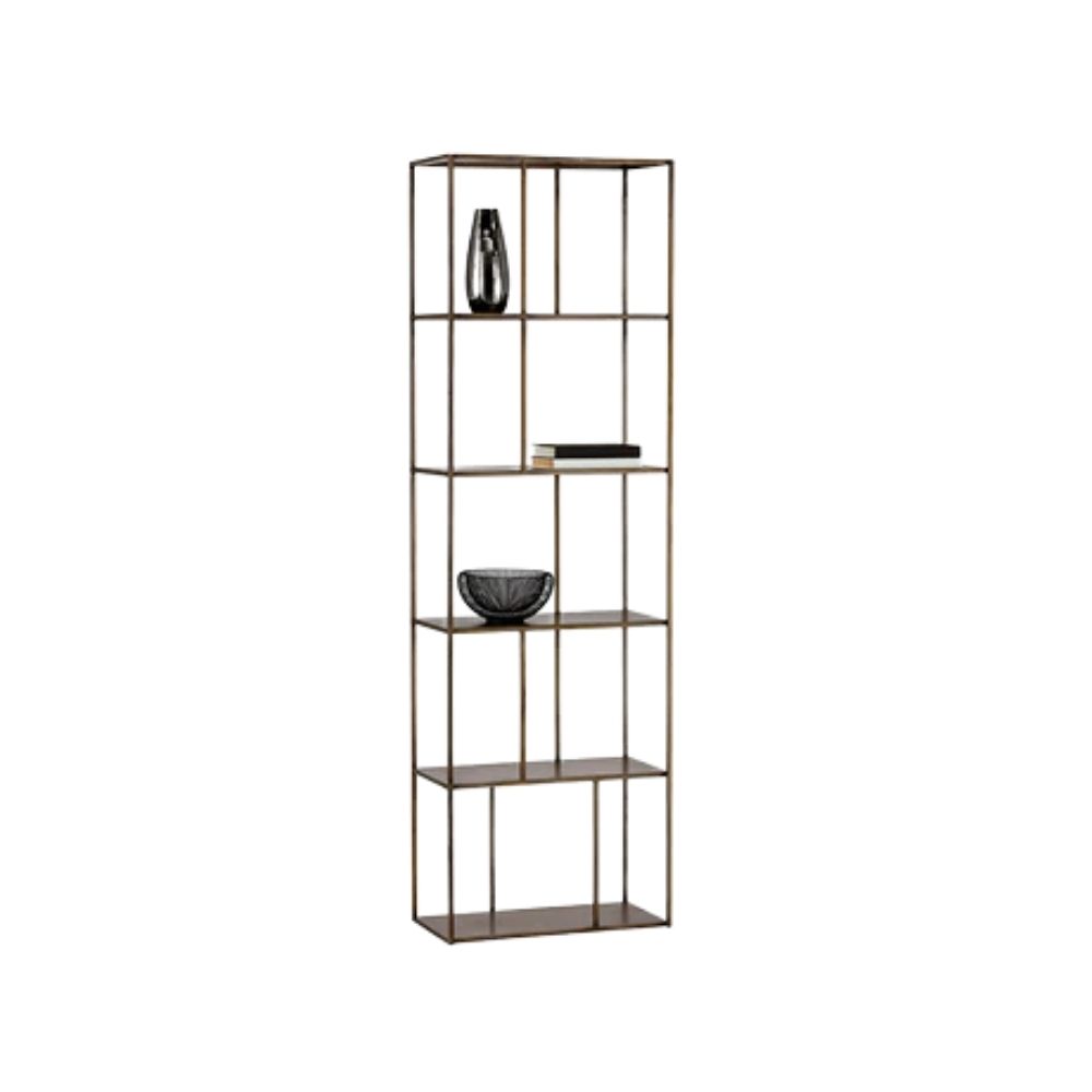 Tall narrow bookcase with slim gold metal frame and staggered open shelving.