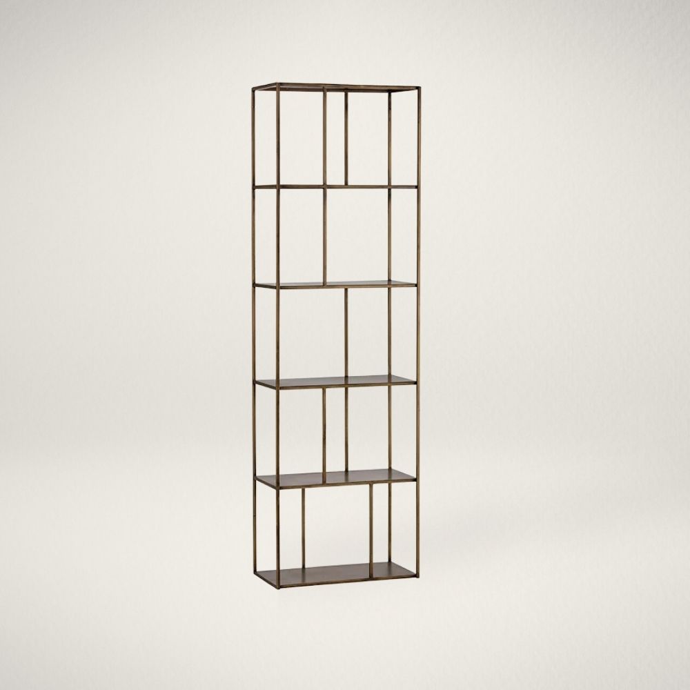 SP EIFFEL SMALL Tall narrow bookcase with slim gold metal frame and staggered open shelving.