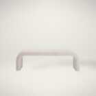 Curved taupe upholstered bench with seamless modern silhouette and low-profile design.