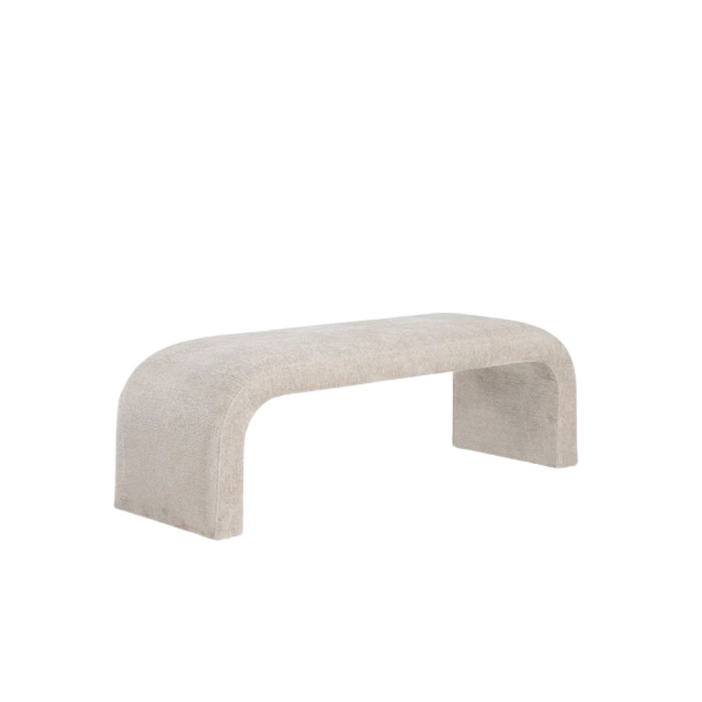 Curved taupe upholstered bench with seamless modern silhouette and low-profile design.
