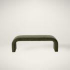 Modern curved green upholstered bench with seamless silhouette and low profile design.