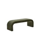 Modern curved green upholstered bench with seamless silhouette and low profile design.