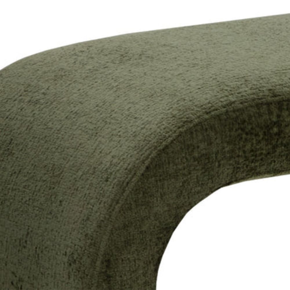 Modern curved green upholstered bench with seamless silhouette and low profile design.