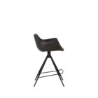 Modern swivel counter stool with black faux leather seat, curved arms, and black metal spider-leg base.