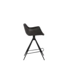 Modern swivel counter stool with black faux leather seat, curved arms, and black metal spider-leg base.