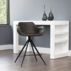 Modern swivel counter stool with black faux leather seat, curved arms, and black metal spider-leg base.