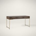 Modern wood desk with slim gold metal frame and three drawers.