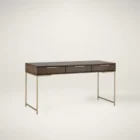 Modern wood desk with slim gold metal frame and three drawers.