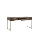 Modern wood desk with slim gold metal frame and three drawers.