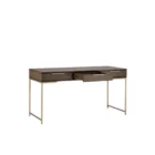 Modern wood desk with slim gold metal frame and three drawers.
