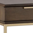 Modern wood desk with slim gold metal frame and three drawers.