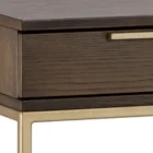 Modern wood desk with slim gold metal frame and three drawers.