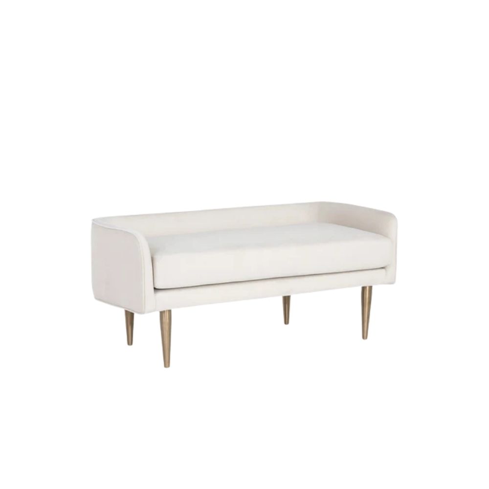 White upholstered bench with slim curved backrest and tapered gold-finished legs.