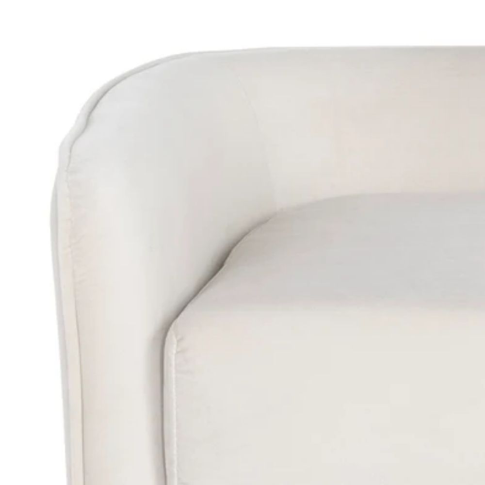 White upholstered bench with slim curved backrest and tapered gold-finished legs.