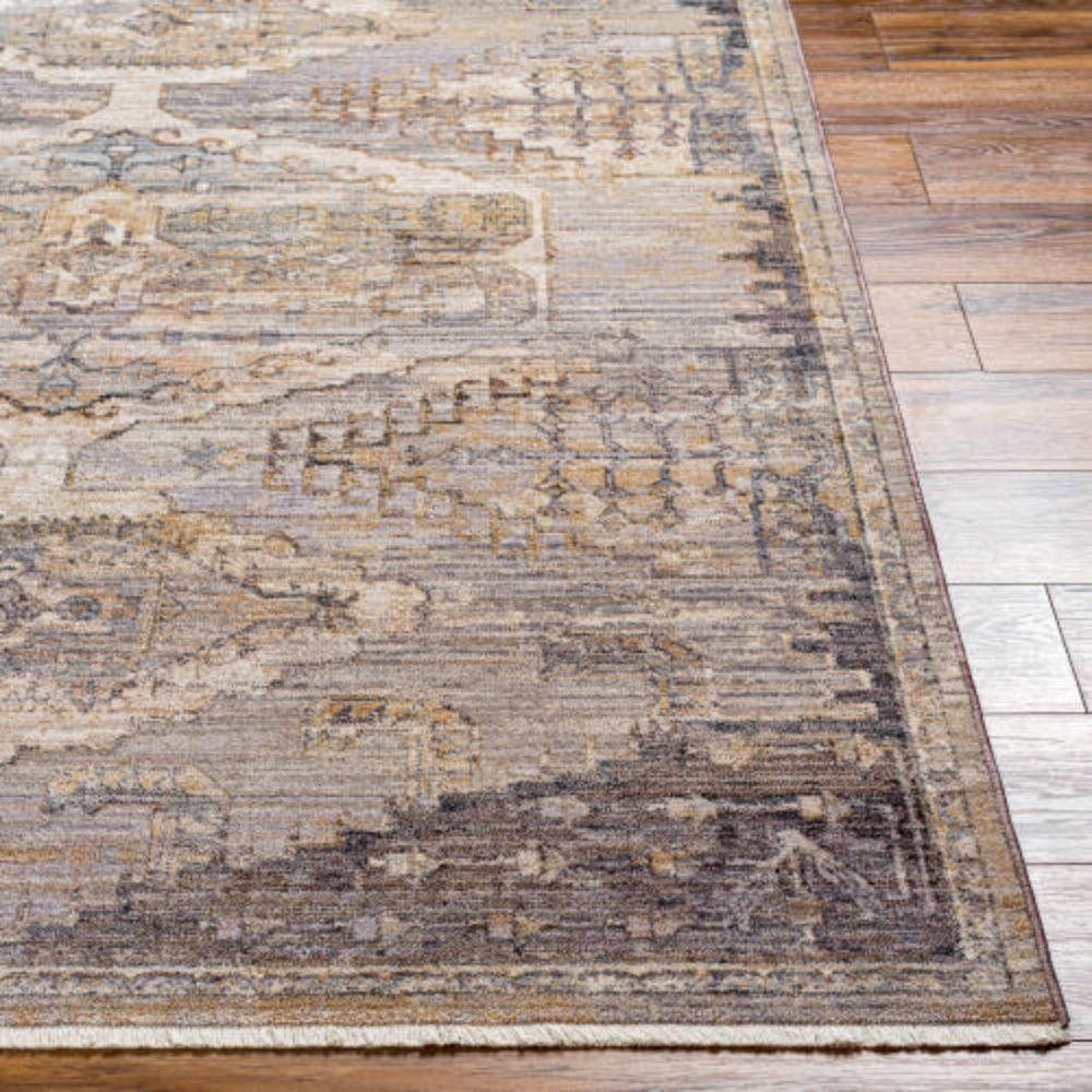 Traditional-inspired rug in muted shades of taupe, grey, and gold with a distressed medallion pattern.