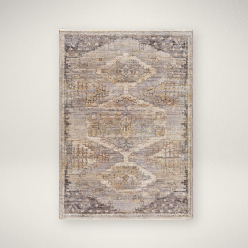 SU Aida Machine Woven Rug Traditional-inspired rug in muted shades of taupe, grey, and gold with a distressed medallion pattern.