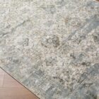 Traditional area rug with a distressed medallion pattern in soft grey, ivory, and muted blue tones.