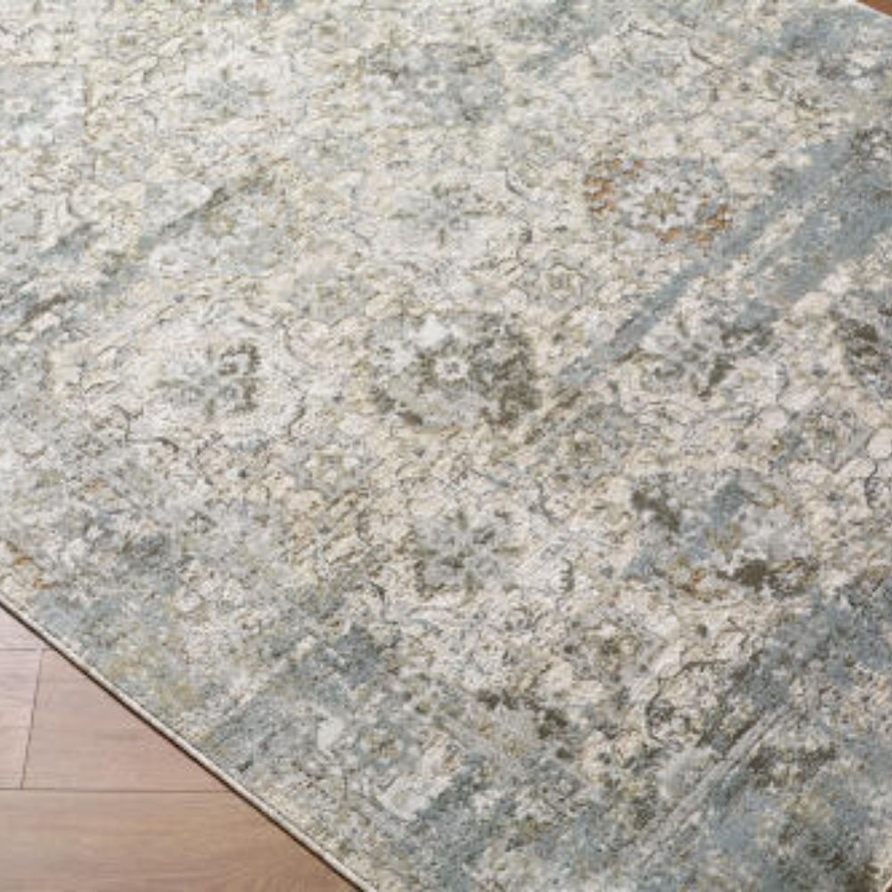 Traditional area rug with a distressed medallion pattern in soft grey, ivory, and muted blue tones.
