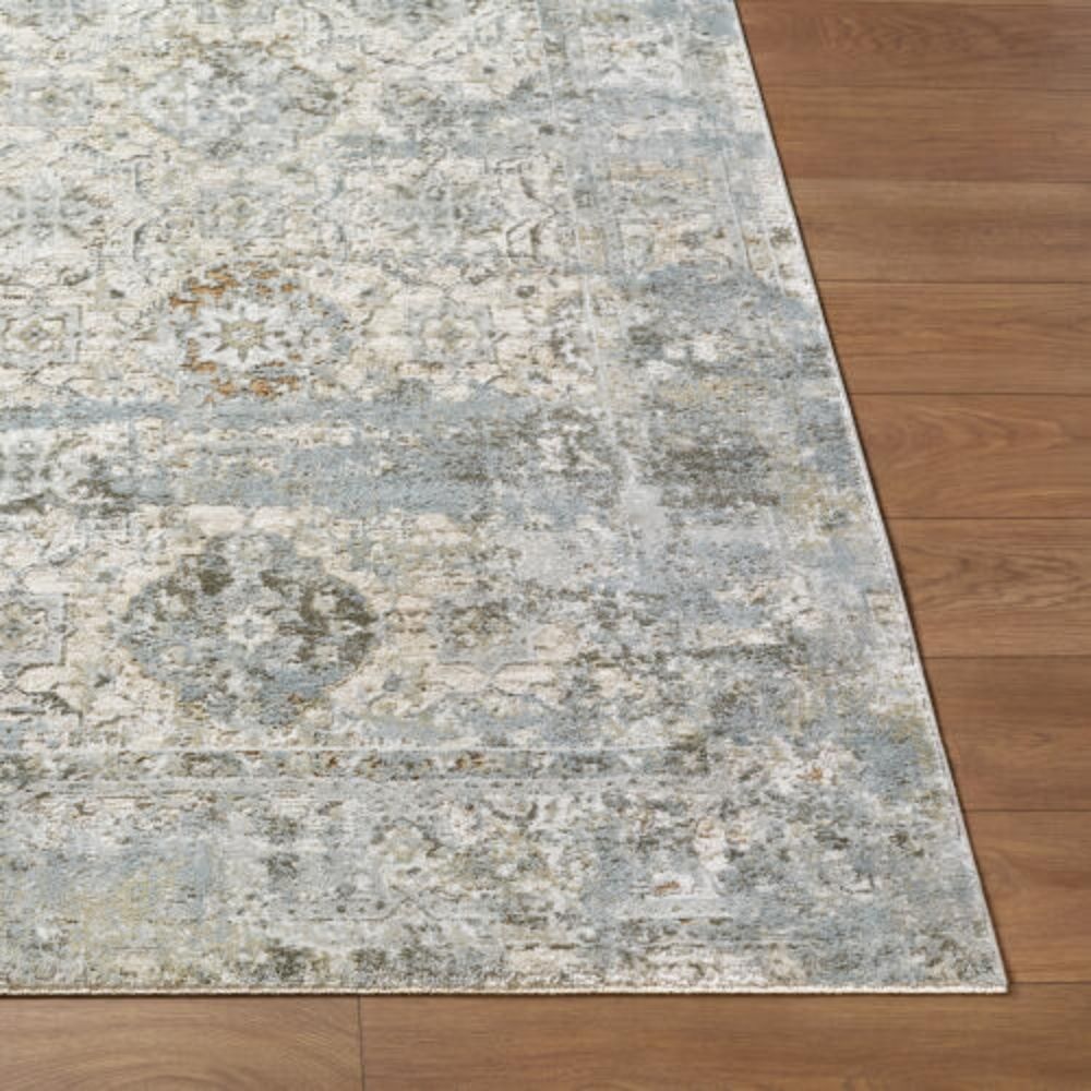 Traditional area rug with a distressed medallion pattern in soft grey, ivory, and muted blue tones.