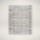Vintage-inspired rug with a soft distressed pattern in blush, cream, and hints of blue with a classic border.