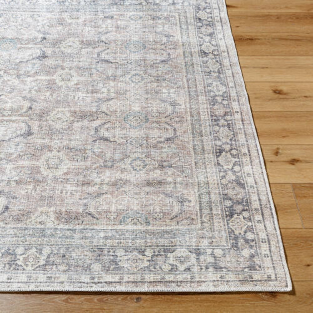 Vintage-inspired rug with a soft distressed pattern in blush, cream, and hints of blue with a classic border.
