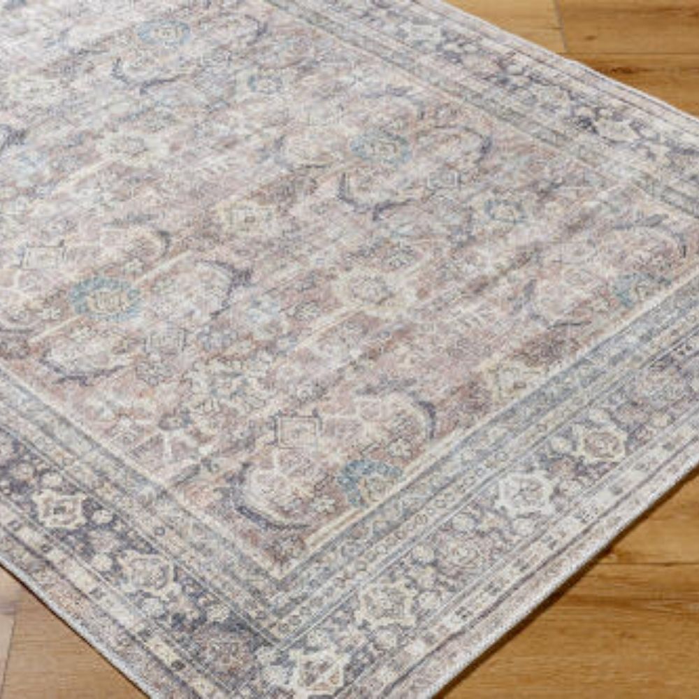 Vintage-inspired rug with a soft distressed pattern in blush, cream, and hints of blue with a classic border.