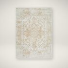 Beige and ivory machine woven rug with a soft medallion and distressed traditional pattern.