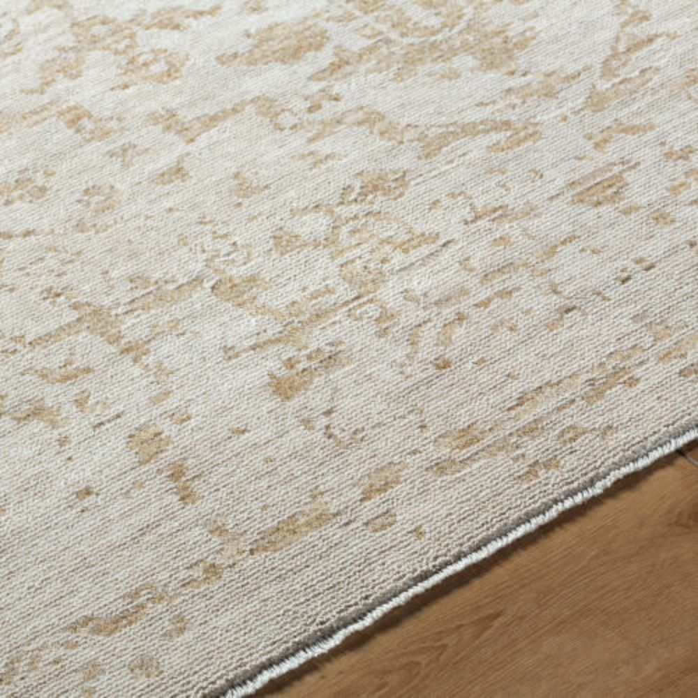 Beige and ivory machine woven rug with a soft medallion and distressed traditional pattern.