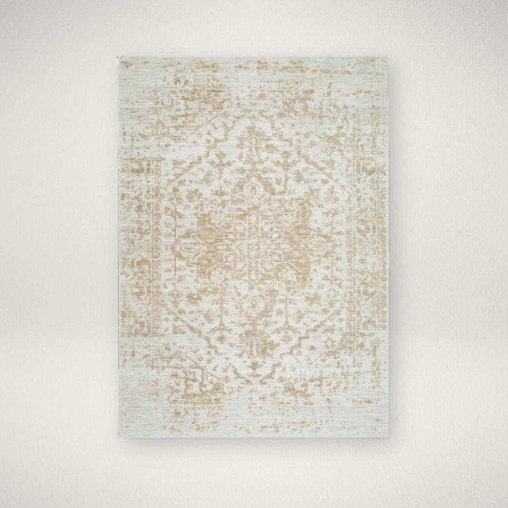 SU Emory 2300 Beige and ivory machine woven rug with a soft medallion and distressed traditional pattern.