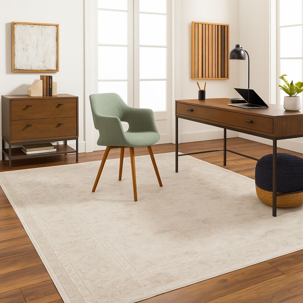 Neutral traditional rug in soft beige and cream with an all-over floral pattern and subtle distressed detailing.